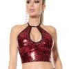 Metallic Red Wetlook Halter Top With Leopard Print