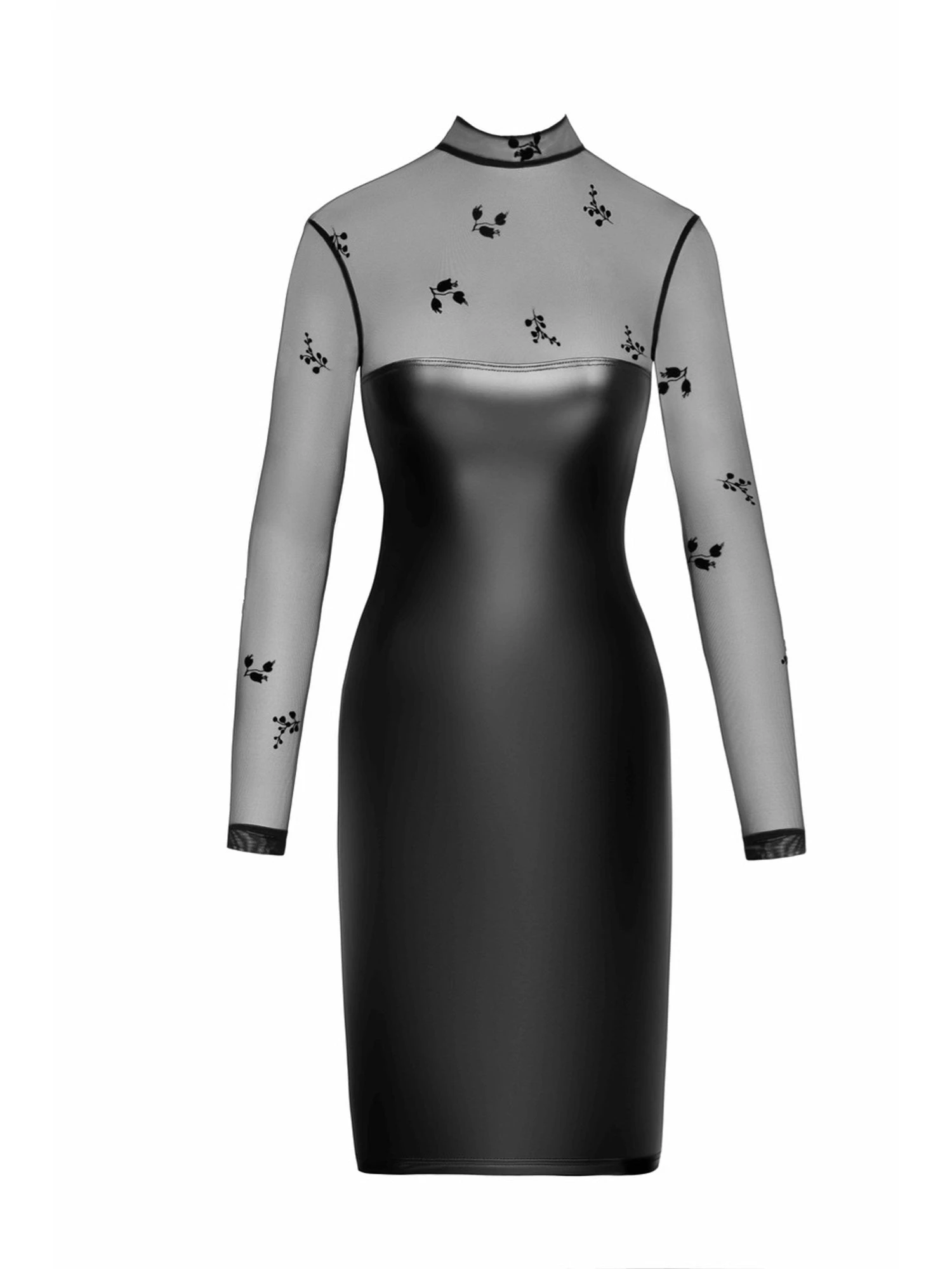 Wetlook Bodycon Dress With Tulle Neckline & Sleeves - Image 3