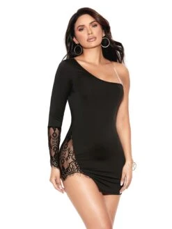 One Shoulder Lycra Dress With Lace Detail