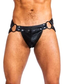Mens Leather Stripe Jock Strap In Black