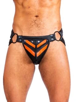 Mens Leather Stripe Jock Strap In Orange