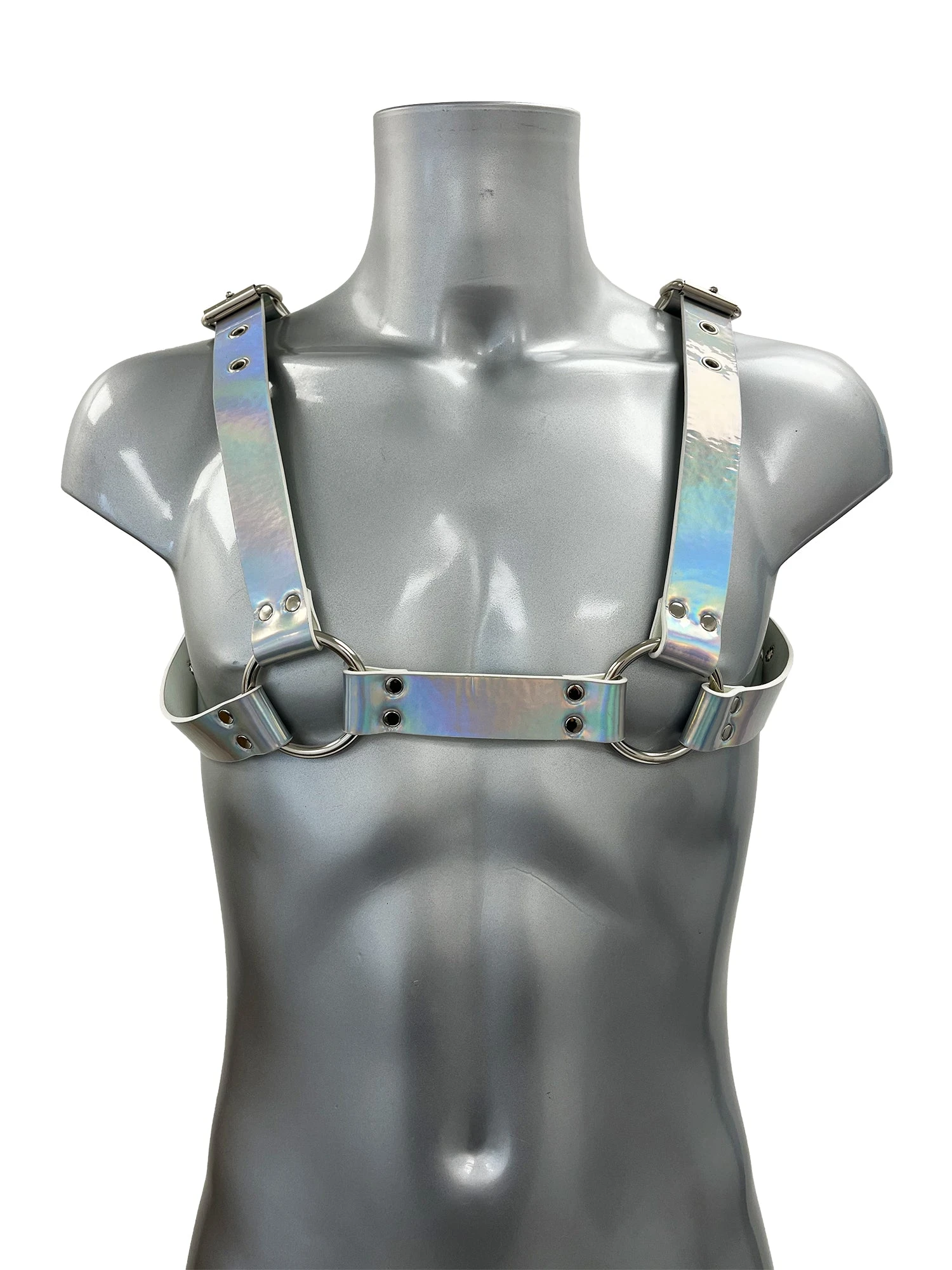 Chunky Buckled Chest Harness In Silver Rainbow
