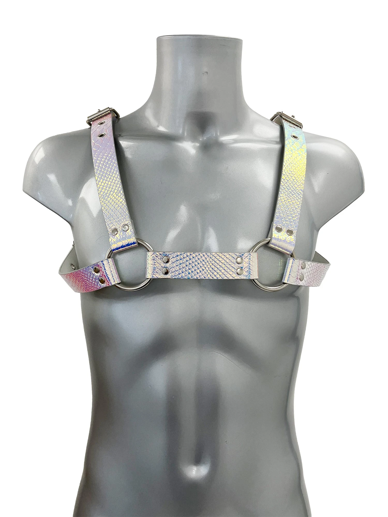 Chunky Buckled Chest Harness In Silver Rainbow - Image 4