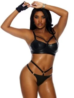 Underwired Leather Bra And G-String Set