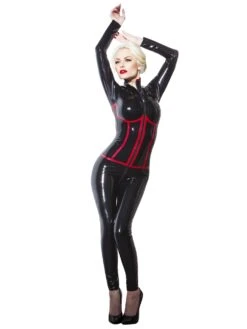 Latex Catsuit With Long Sleeves Black With Red Trim
