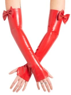 Latex Red Elbow Gauntlets With Feature Bow