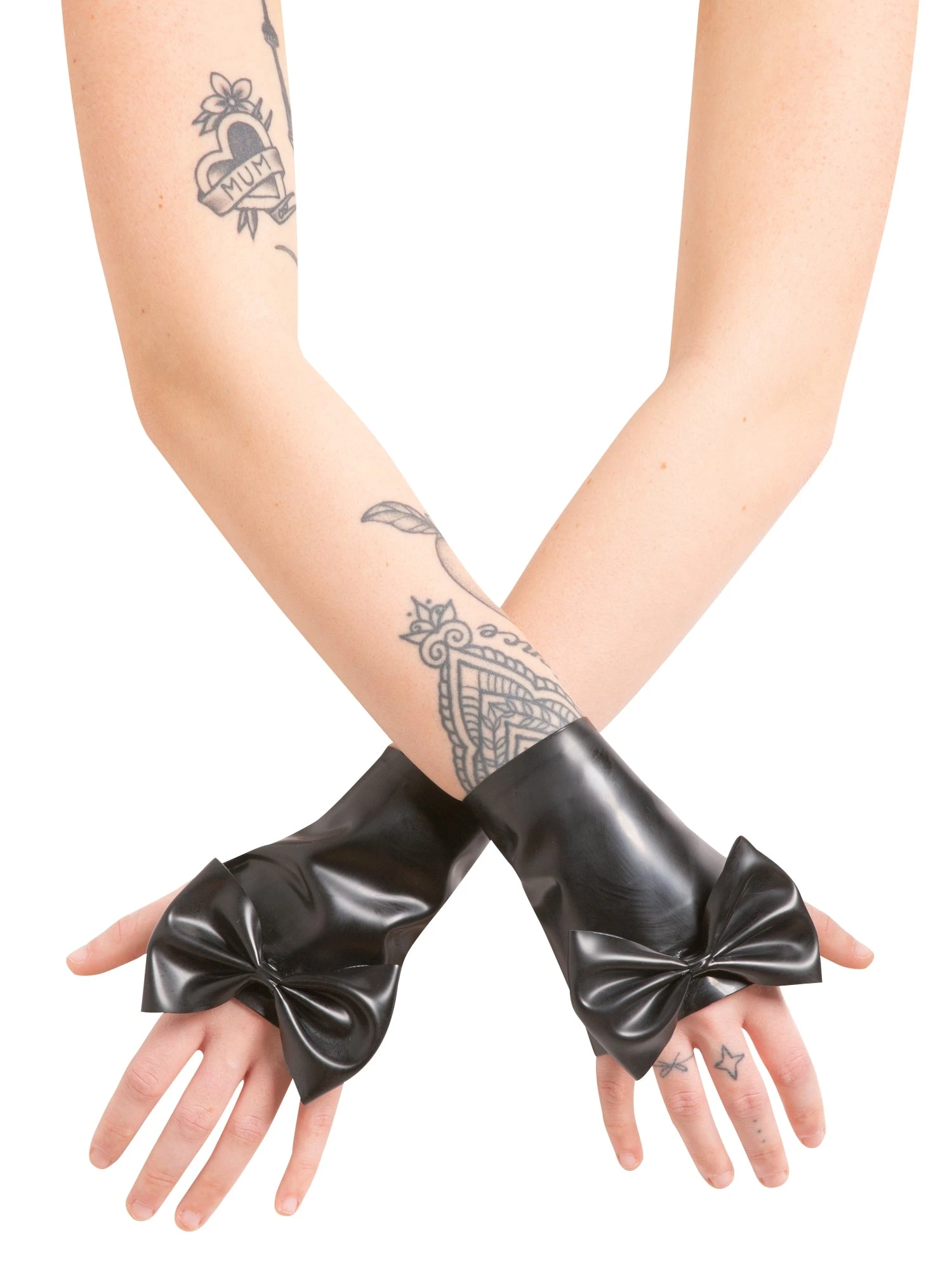 Latex Red Wrist Gauntlets With Feature Bow - Image 2