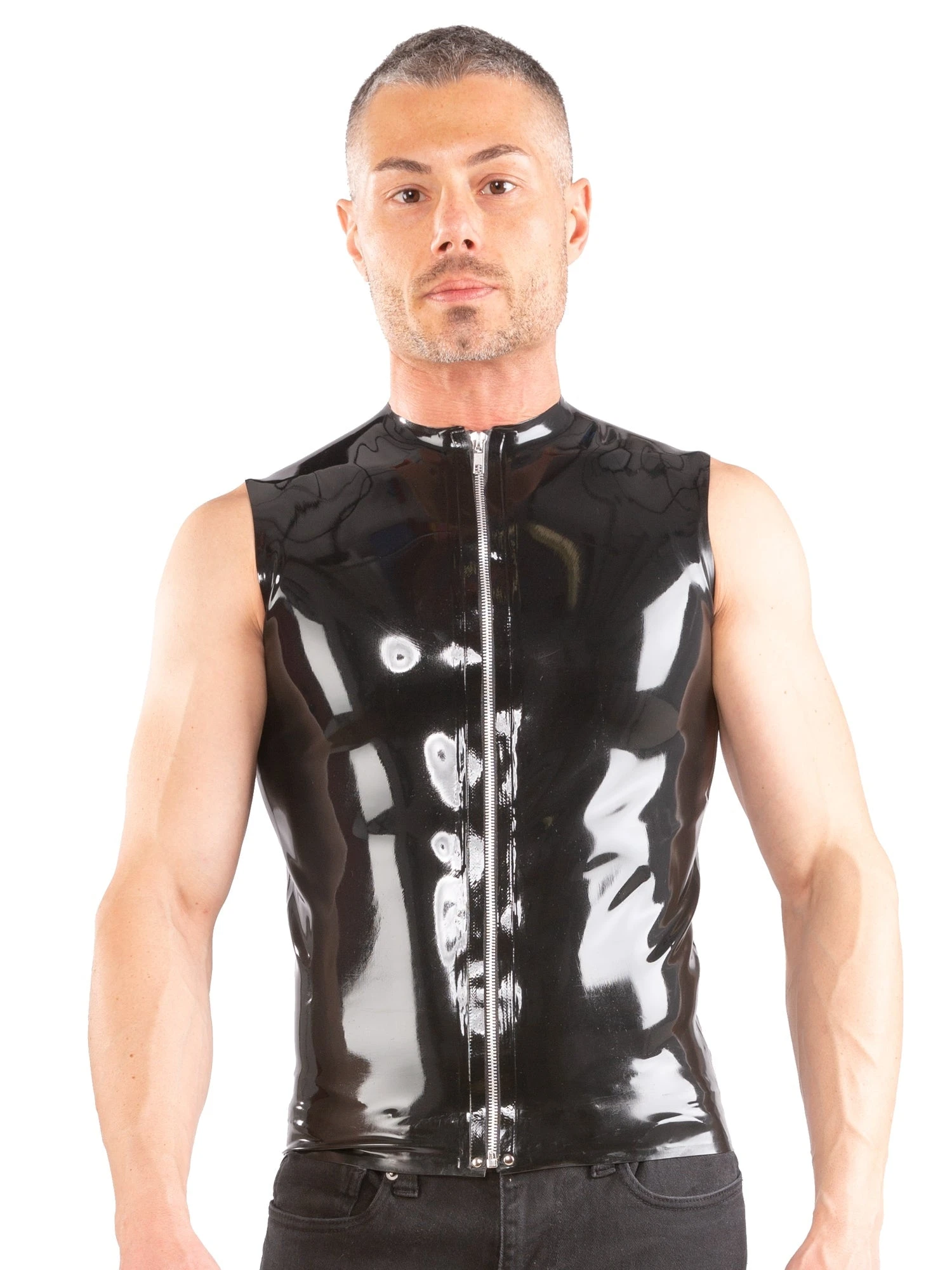 Latex Sleeveless T Shirt With Zip In Blue - Image 2