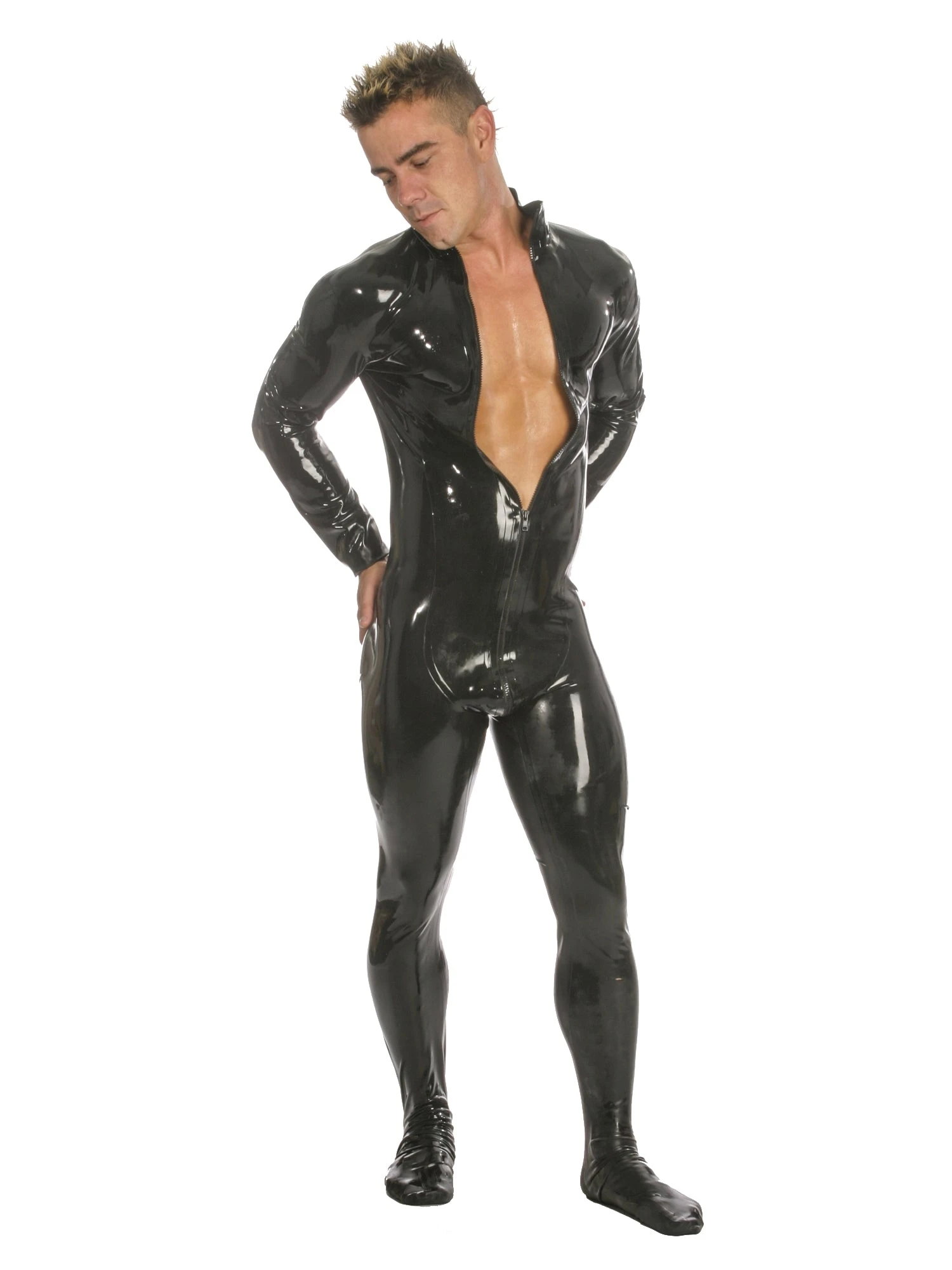 Mens Latex Catsuit Feature Front Zip & Feet - Image 3