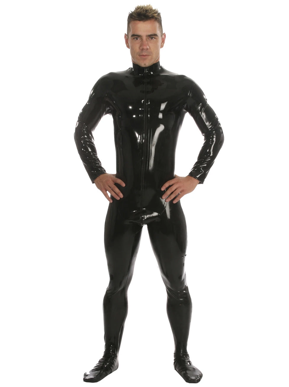 Mens Latex Catsuit Feature Front Zip & Feet - Image 5