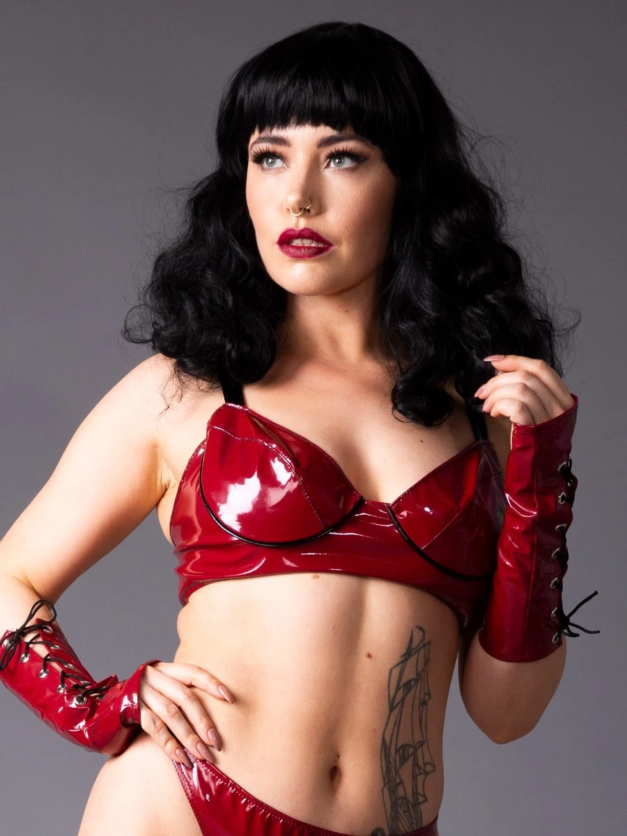 PVC Bordeaux Burgundy Bra With Black Trim - Image 3