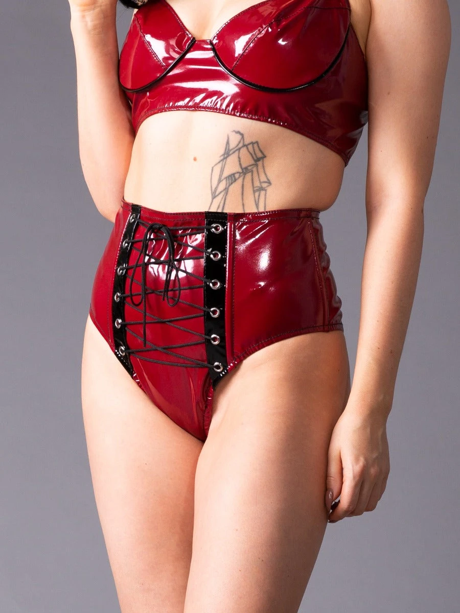 PVC Bordeaux Burgundy Lace Up Knickers - Image 3