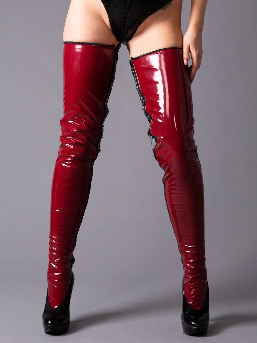 PVC Burgundy Gloss Stockings (Bedboots) - Image 3