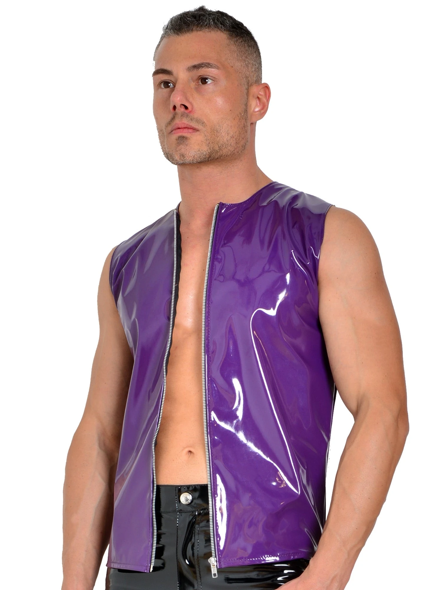 Purple PVC Mens Sleeveless Zip Top - Image 3