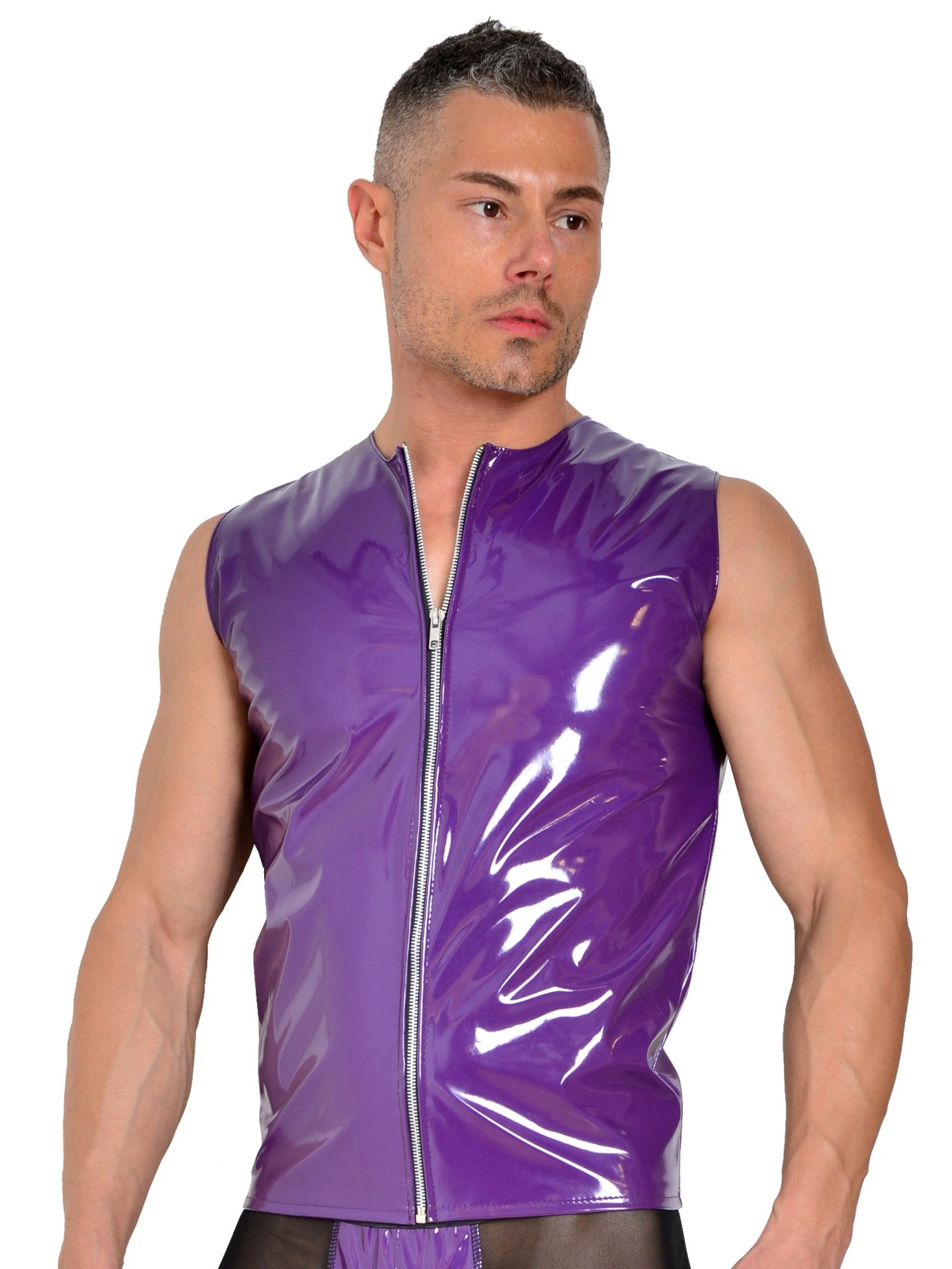 Purple PVC Mens Sleeveless Zip Top
