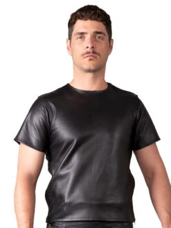 Round Neck Premium Leather T-Shirt - Black