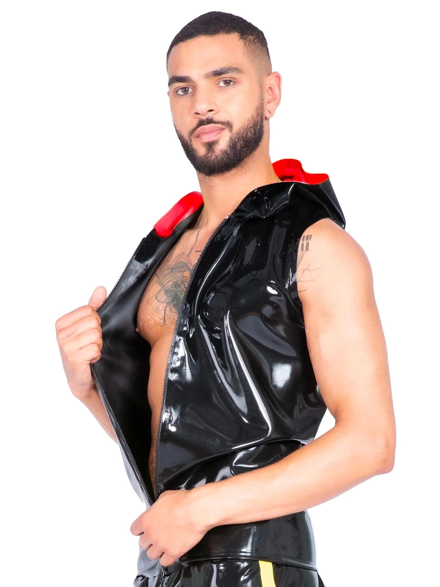 Black And Red Latex Sleeveless Hoodie With Front Zipper - Image 2