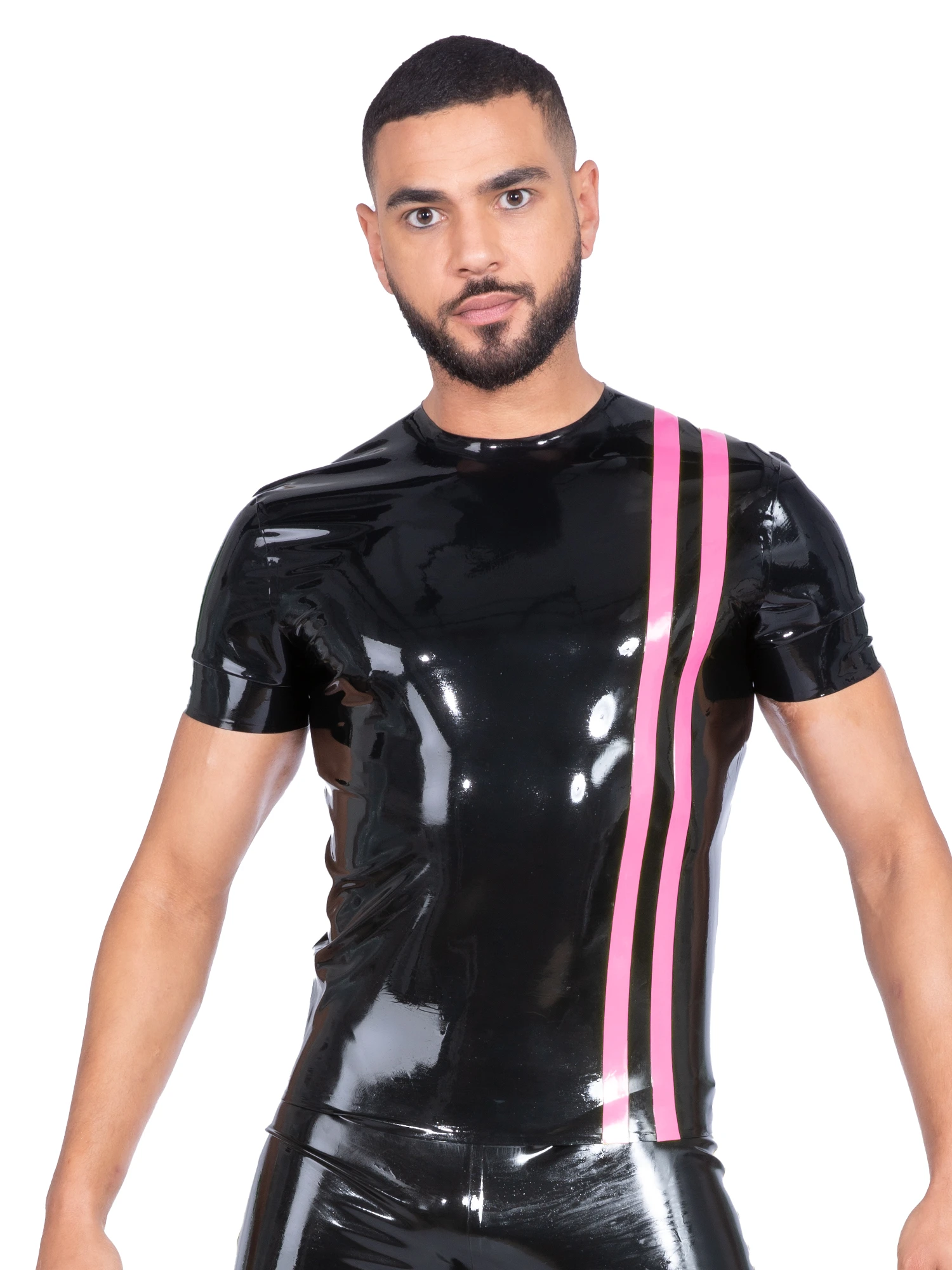 Limited Edition - Black Latex T-Shirt With Pink Front Stripes