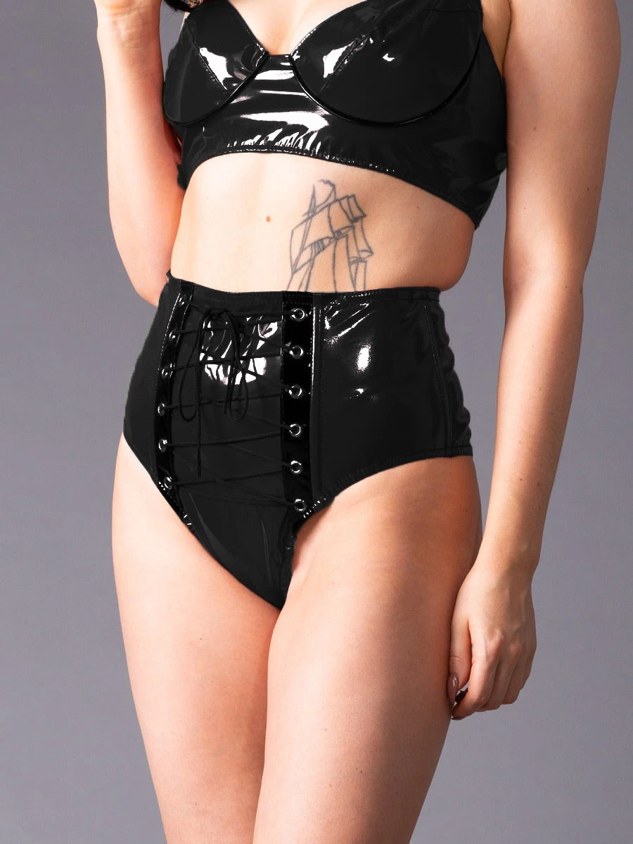 PVC Bordeaux Black Lace Up Knickers - Image 2